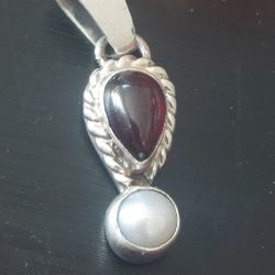 Designer Sterling Garnet Abd Pearl Pendant Signed