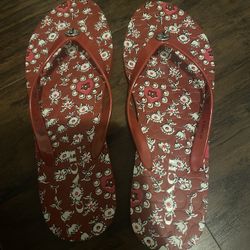 Coach Women's Abbigail Thong Flat Flip Flop Sandals Floral Red Size 10 US