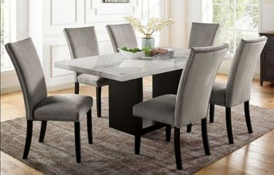 Brand New Black, White & Grey 7pc Dining Table Set w Marble Top