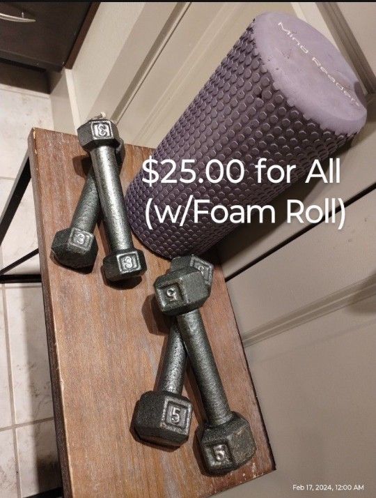 25 CAP Dumbbells Hand Weights High Density 12" Foam Roller 3 Lb. & 5 Lb. Weighs Gym