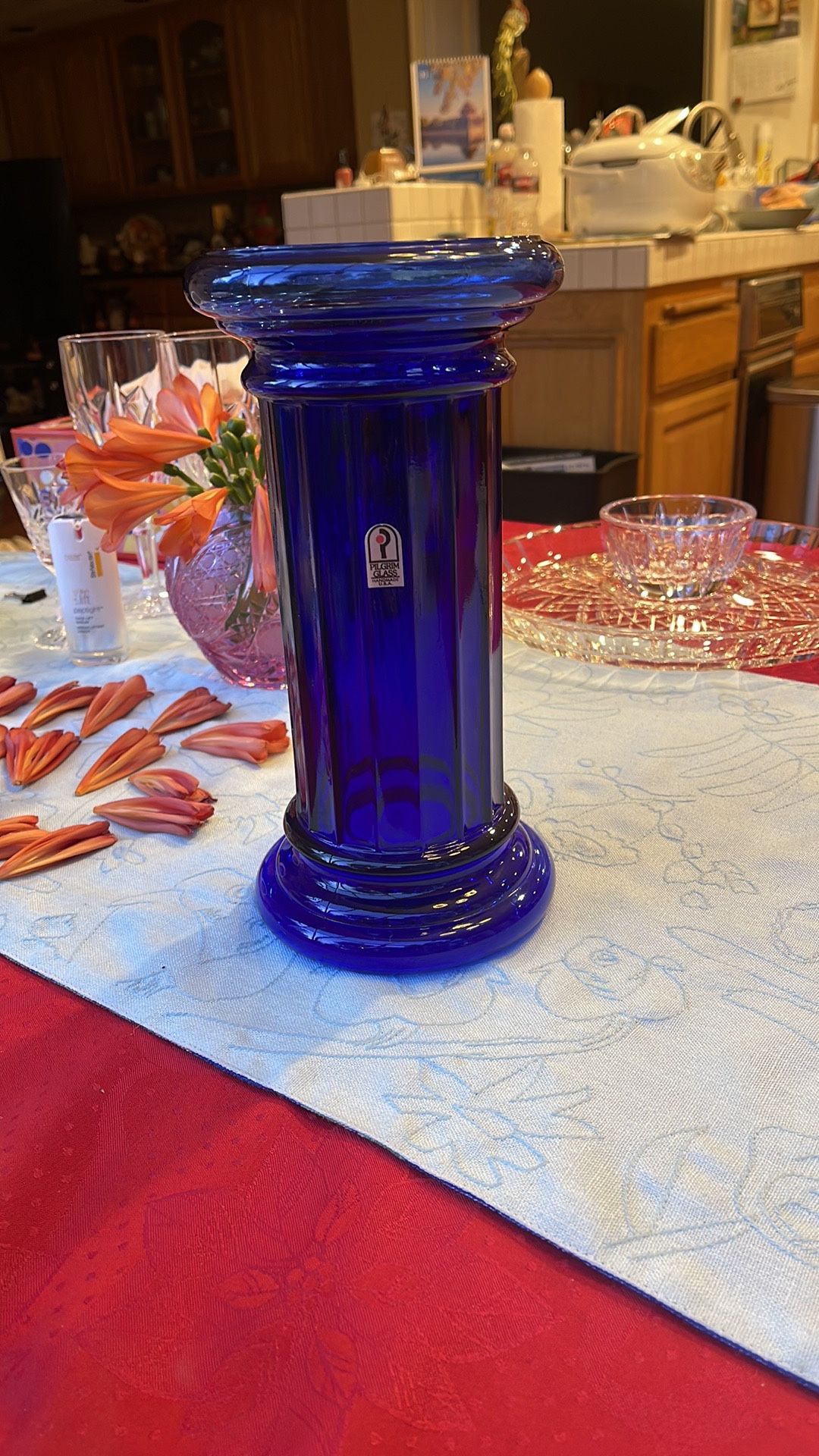 Vintage cobalt blue Pilgrim Art Glass column,1980s vase or decorative pedestal