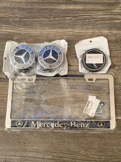 Mercedes-Benz Accessories Bundle – Black Hub Caps + Plate + Coasters