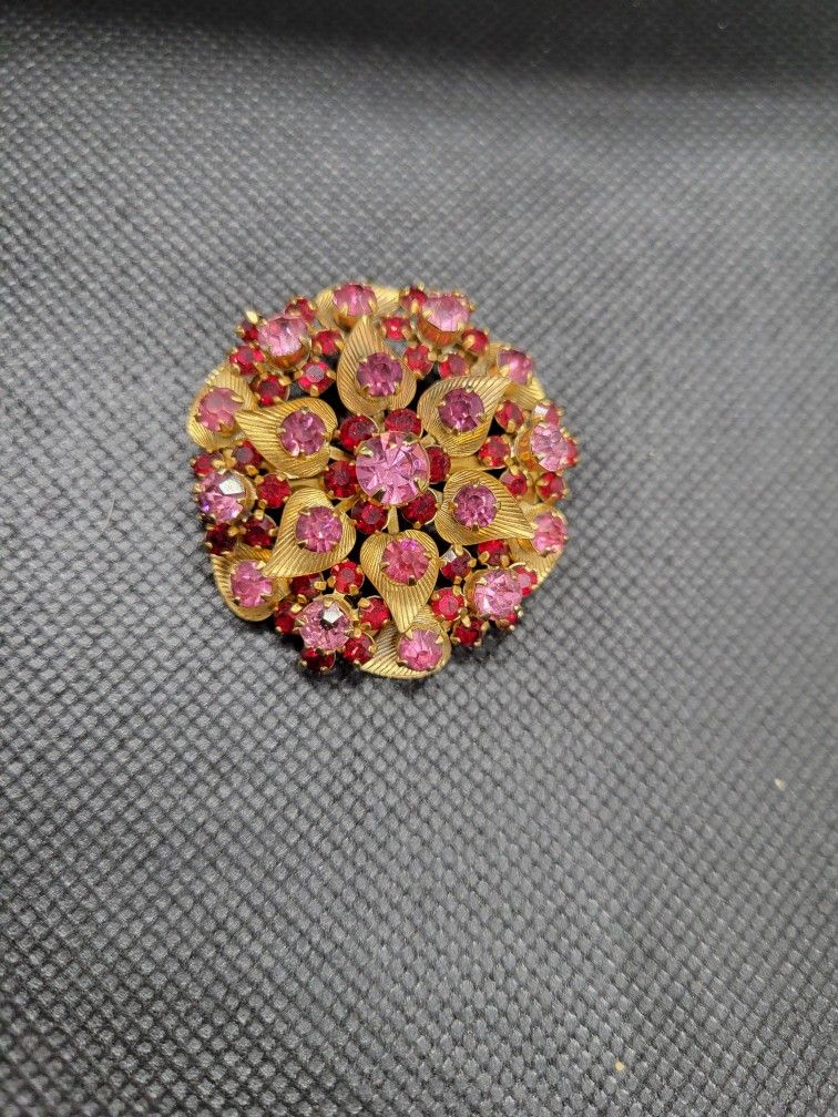 Pink Rhinestone Leaves Brooch 