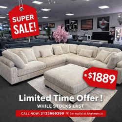 Beige Corduroy 6 Piece Modular Sectional Sofa With Ottoman 135 x 135 x 34.5H 