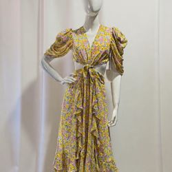 Yellow Pink Flower Cut Out Midi Dress