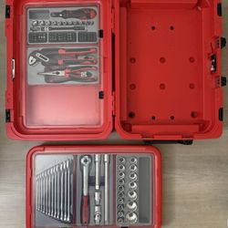 Locking Toolbox with Sockets, Wrenches, Screwdriver + Bits, Pliers
