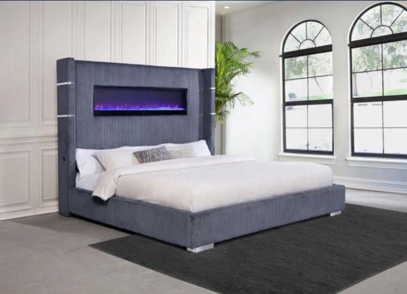 UPHOLSTERY LED FIREPLACE PLATFORM BED BRAND NEW IN BOX
