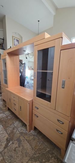 Wood Entertainment center desk shelves light electric furniture stainless steel hardware industrial