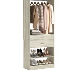 25” W x 80'' H Closet System Organizer with Hanging Rod and 2 Wooden Drawers, Adjustable Shoes Rack, Sturdy Garment Rack, Walk-in Closet Tower for Bed