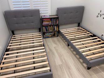 Set of 2 Grey Upholstered Twin Bed Frames