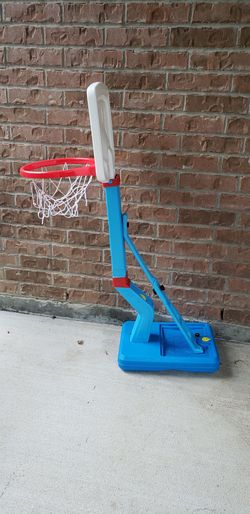 This SUPER JOY toddler basketball hoop is designed for indoor and outdoor play, featuring a blue stand and a red rim