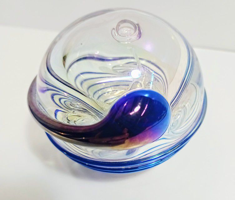 Vintage Hand Blown 1988 Gribskov Signed #28 Paperweight with Iridescent Blue...