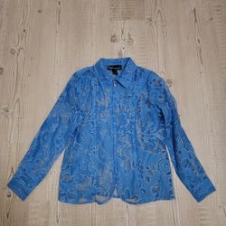 Susan Graver Bright Blue Textured Floral Sheer Zip-Up Blouse Professional Casual