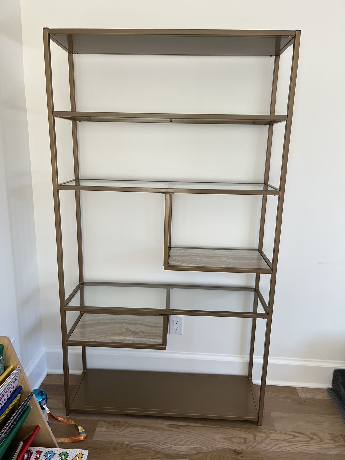 Gold/Brass, Faux Marble and Glass Bookshelf- Like New!