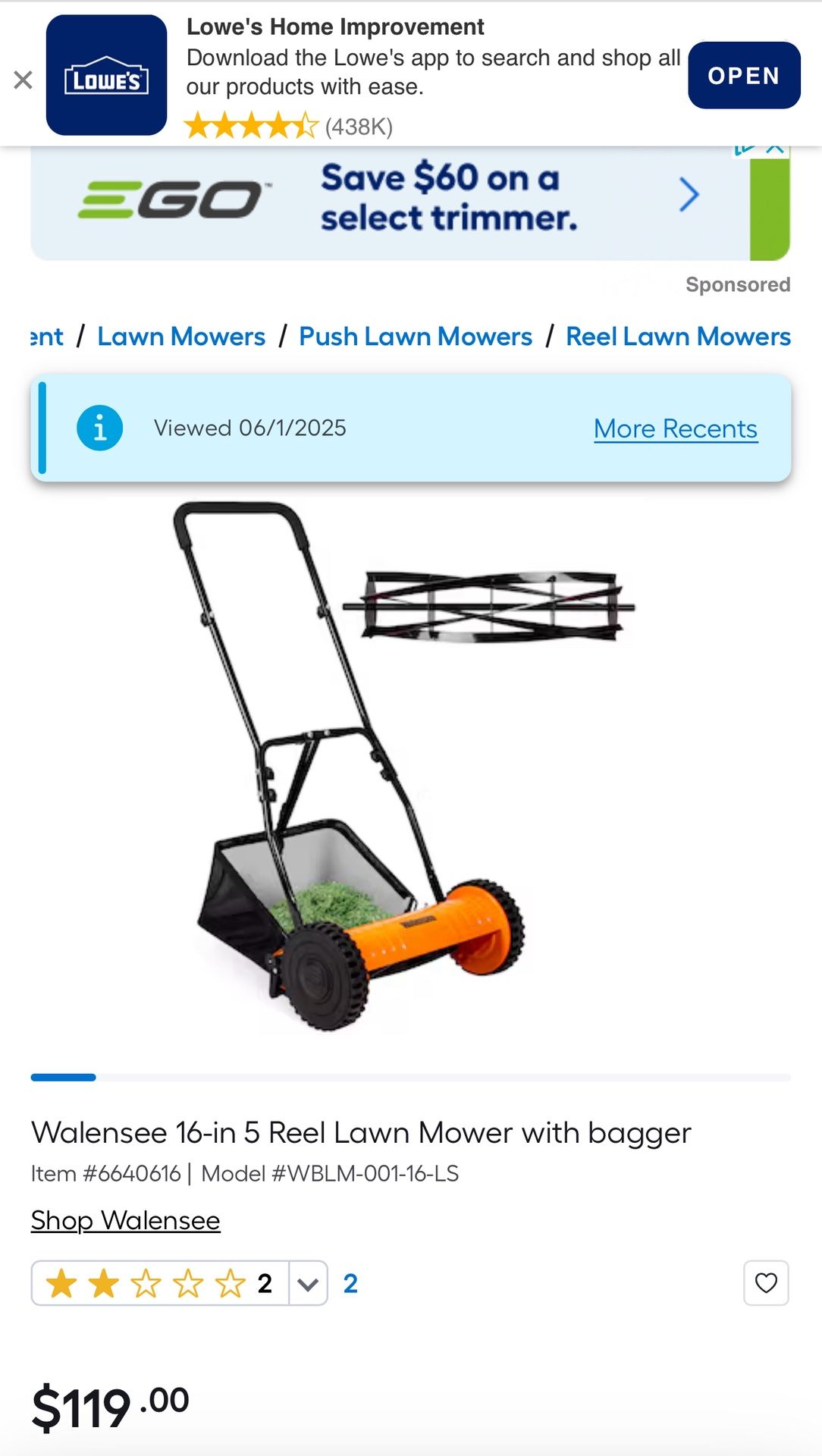 Walensee 16-in 5 Reel Lawn Mower with Bagger