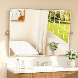 TETOTE Pivot Bathroom Mirror Satin Nickel 40 x 30 Silver Large Tilting Wall Mirror, Beveled Metal Framed Rectangle Vanity Mirror, Modern Farmhouse Adj