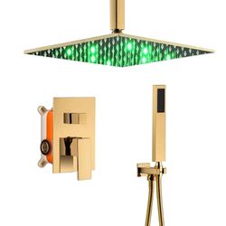 12 Inch 3 LED light colors Ceiling mounted Polished Gold Shower System Rough-in Valve Body and Trim
