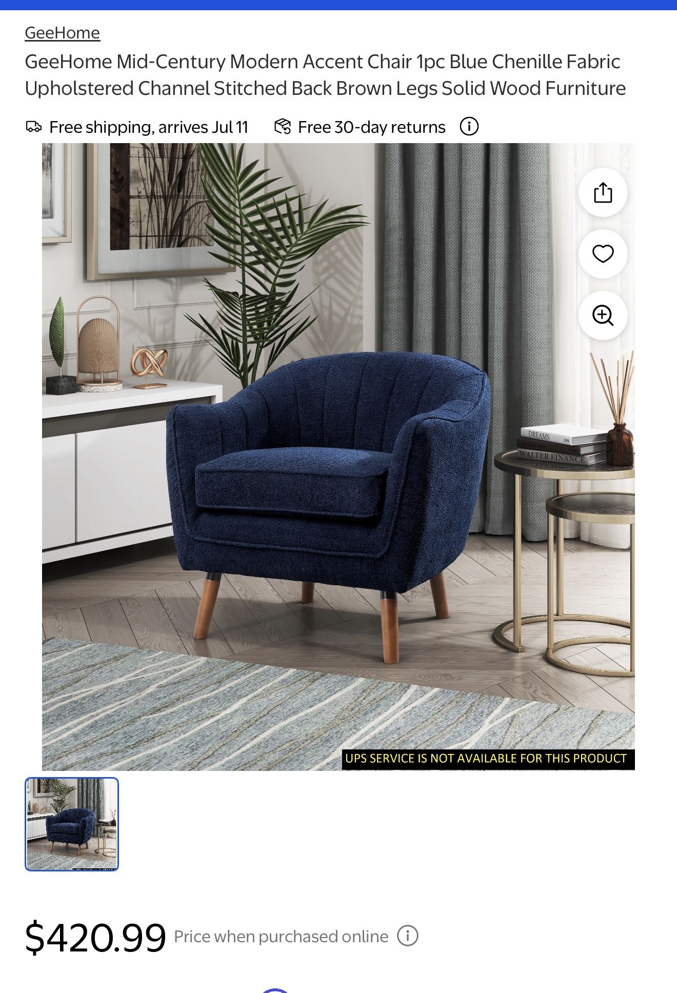 Accent Chair 1pc Blue Chenille Fabric
