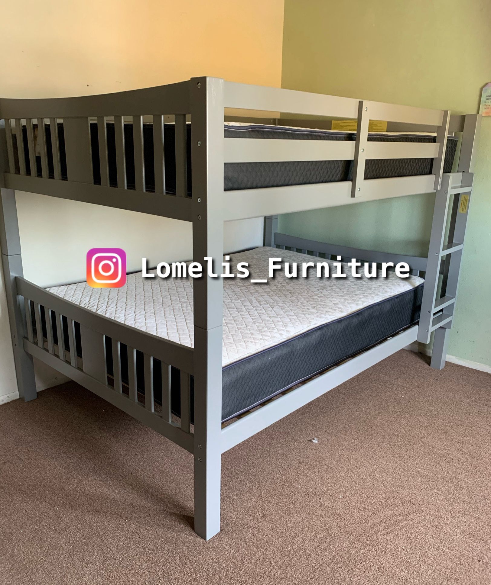 Full/Full Gray Wooden Bunk bed w. Ortho Mattresses Included 
