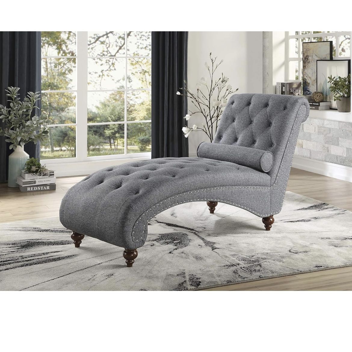 Button-Tufted Chaise Lounge Indoor with Solid Wood Legs & Support Pillow, Upholstered Chaise Lounge Chair for Bedroom Living Room Office, Armless Roll