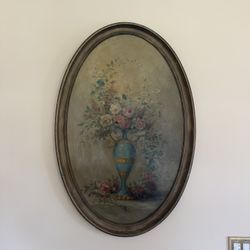 Large Vintage Signed Oval Floral Oil Painting – Ornate Framed Still Life