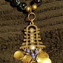 Blue Swirl and Gold Tone Beaded Necklace with Pendant