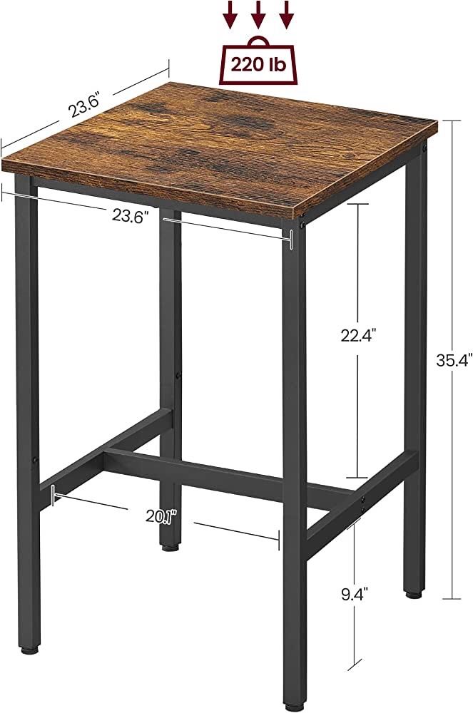 Bar Table, Small Kitchen Dining Table, High Top Pub Table, Height Cocktail Table for Living Room Party, Sturdy Metal Frame, 23.6 x 23.6 x 35.4 Inches