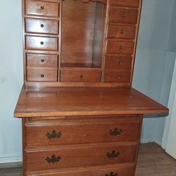 Vintage Solid Wood Secretary Desk w/ Hutch – Fold Down Writing Desk + 12 Small Drawers