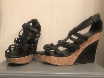 Black strappy wedge sandals