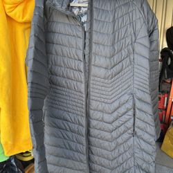 Columbia Powder Lite Mid Hooded Omni-Heat Jacket Black Long Puffer Coat Size  Large 