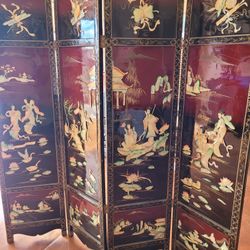 Vintage Oriental Asian Black Mother Of Pearl Four Panel Screen Room Divider