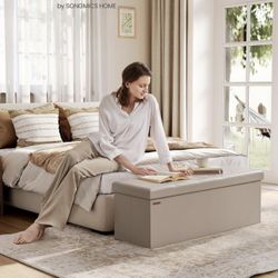 SONGMICS Mazie Collection - 43 Inches Folding Storage Ottoman Bench, Ottoman with Storage, Foot Rest Stool, Load 660 lb, for Living Room, Synthetic Le