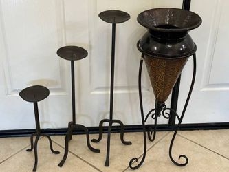 Bronze Decorative Home Decor Set 3 Tiered Candle Holders + Tall Metal Vase