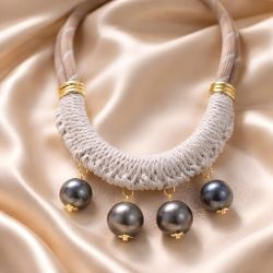 Handwoven Statement Necklace with Gray atificial Pearl Drops | Modern Artisan Choker