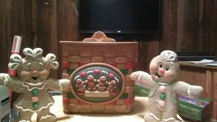 Vintage ginger bread cookie jar and ginger bread girl and boy decorations