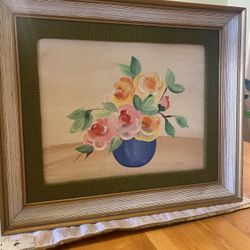 Vintage artist signed oil painting in matted fabric & wood frame. Old ! See photos & description.