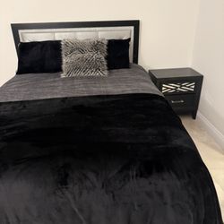 Queen Bed Frame with LED Lighted Upholstered Headboard + Bedside Cabinet, Black & Silver