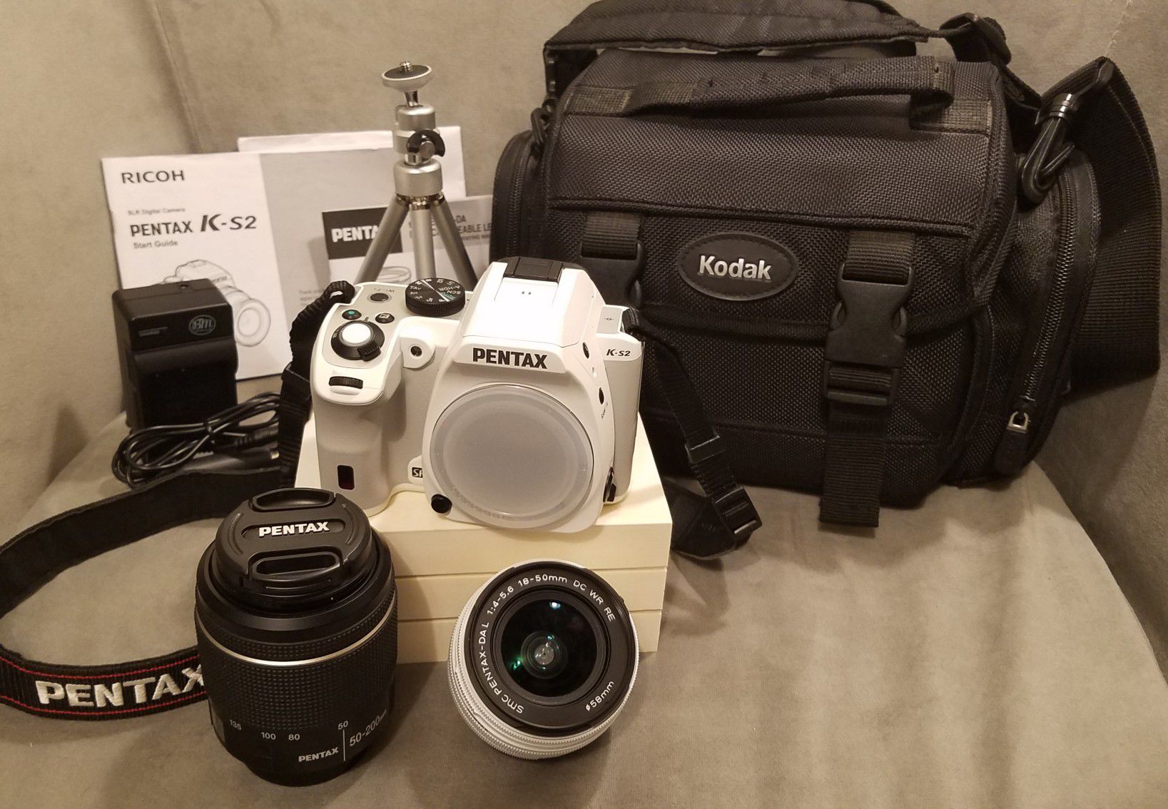 Pentax K S2 DSLR Camera White w/ 18-50mm & 50-200mm Lenses & Accessories
