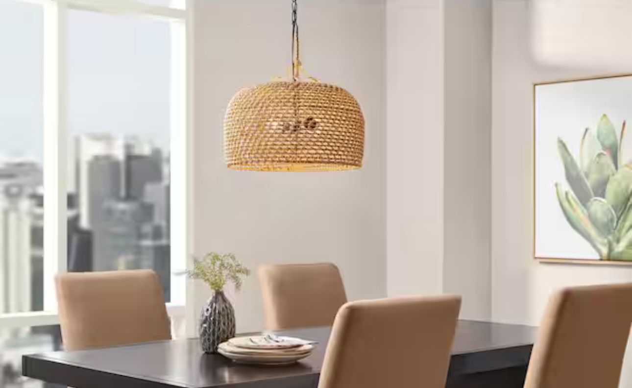 Summerpoint 120-Watt 2-Light Black Shaded Pendant Light with Natural Woven Shade, No bulbs Included