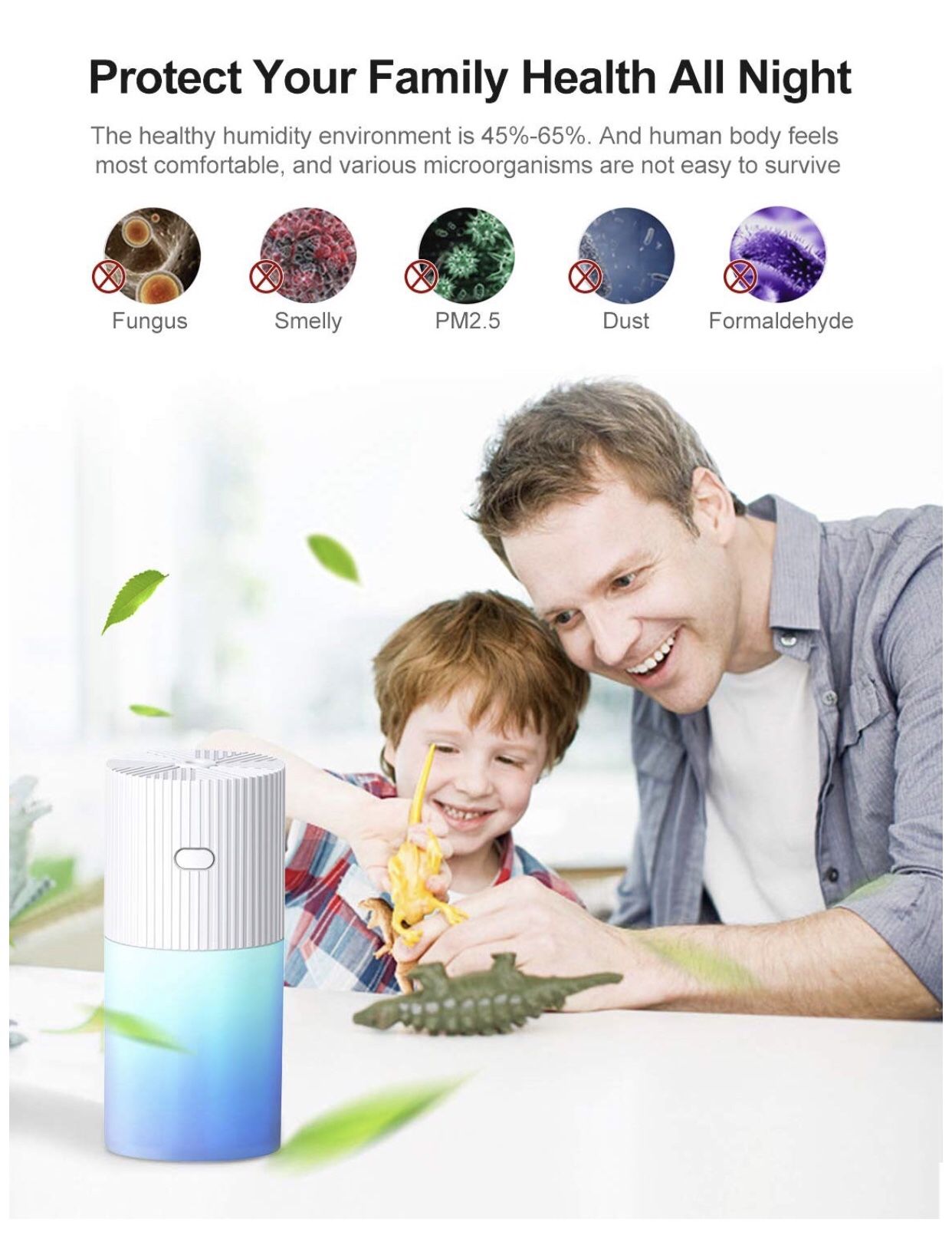 FREGENBO Mini Cool Mist Humidifier Portable - Personal 300ML and 7 Colors LED Night Light with USB - Whisper Quiet Operation Automatic Shut-Off for H
