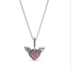PANDORA MOMENTS PINK AND SILVER HEART & ANGEL WINGS NECKLACE.