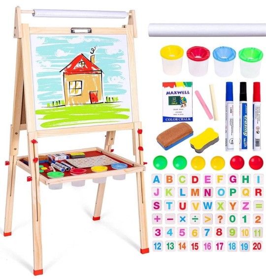 Kids Easel Child Easel with Paper roll Double Sized Blackboard Chalkboard