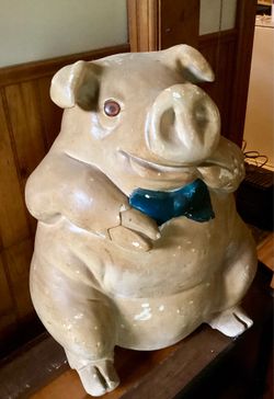 Large Ceramic “Porch Pig” Bank/Figurine with Blue Bow Tie