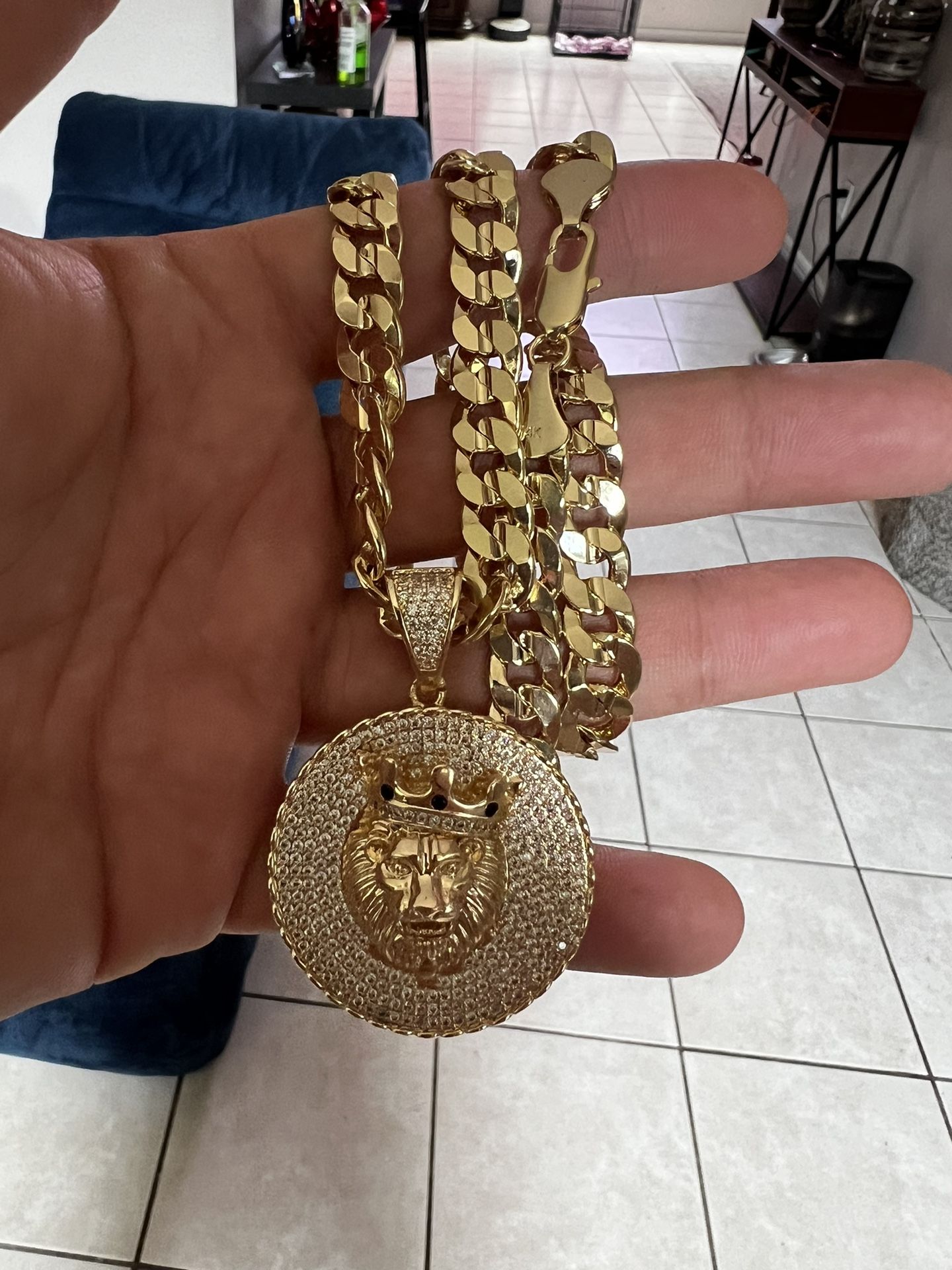 14k Gold Over Silver 925 Cuban Chain And Lion Pendant 