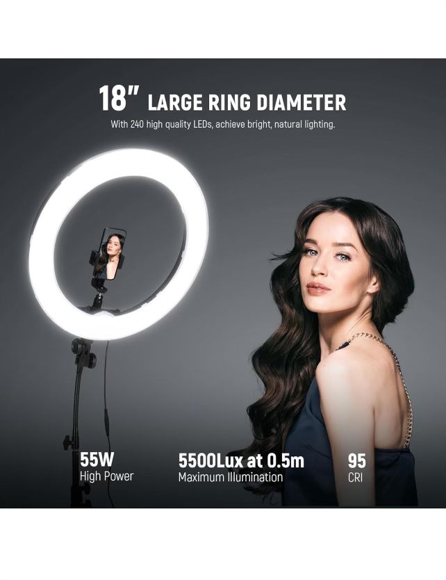 NEEWER Ring Light 18inch Kit: 55W 5600K Professional LED with Stand and Phone Holder, Soft Tube & Bag for Tattoo Lash Extension Barber Makeup Artist S