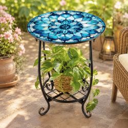 New Blue Mosaic Wrought-Iron Side Table with Storage Shelf – Indoor/Outdoor Accent Table