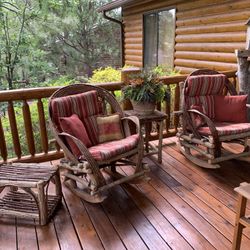 2 Willow Twig Rocking Chairs, Foot Stool And Fern Stand