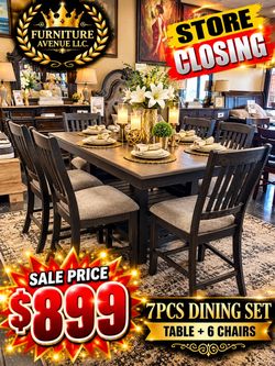 7-Piece Dark Wood Dining Table and Chair Set