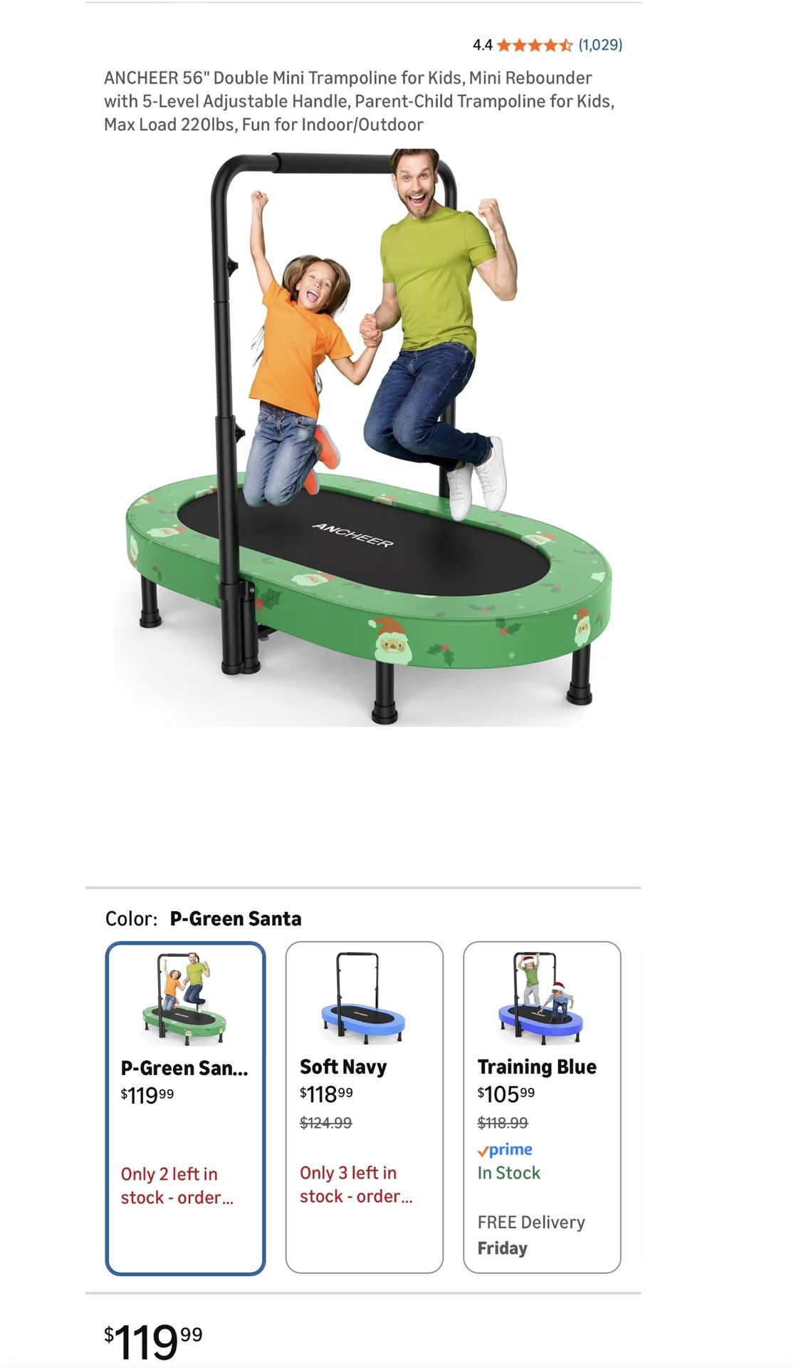 56" Double Mini Trampoline-Mini Rebounder w/5-Level Adjustable Handle, Parent-Child Trampoline, Max Load 220lbs, Indoor/Outdoor