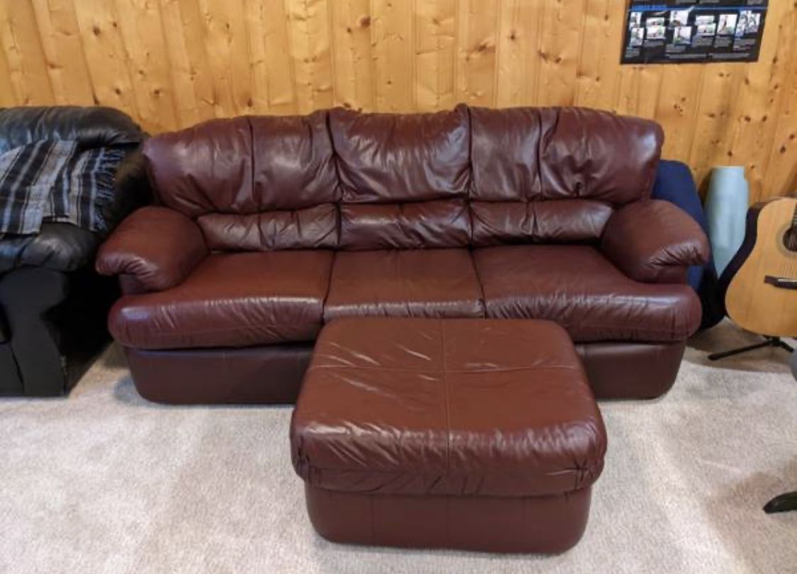 Maroon Leather Couch W/ Ottoman